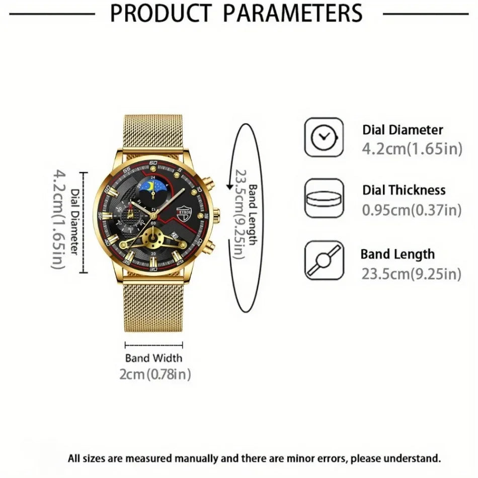 DEYROS Luxury 1/6 Pcs/ Set Men's Watch Set Quartz Outdoor Mesh Alloy Strap Trendy Style Men's Watches Gift Ideas