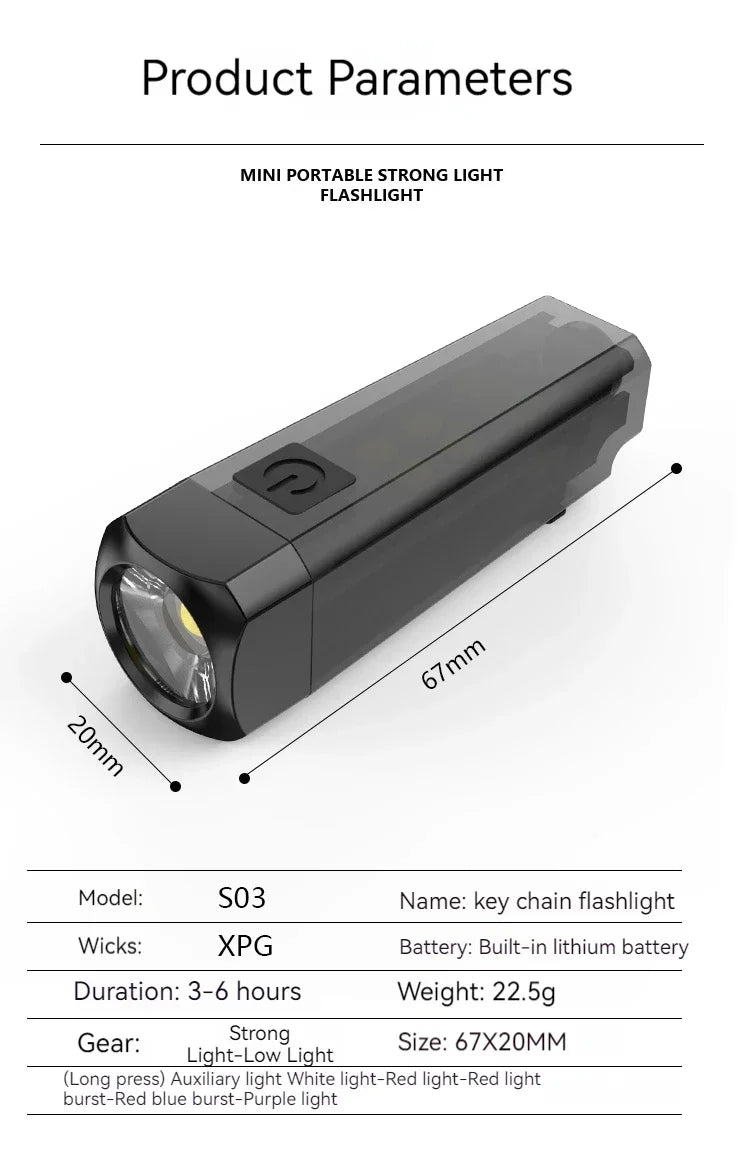 Strong MINI Flashlight Multi-function Keychain Light Mini LED Key Torch Lamp Rechargeable 7 Lighting Modes Camping Fishing