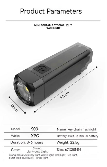 Strong MINI Flashlight Multi-function Keychain Light Mini LED Key Torch Lamp Rechargeable 7 Lighting Modes Camping Fishing