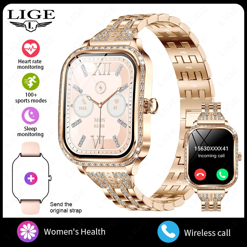 LIGE Fashion Design Women Smart Watch 1.75" Curved Screen Smartwatch Bluetooth Call Clock IP68 Waterproof Diamond Case Bracelet