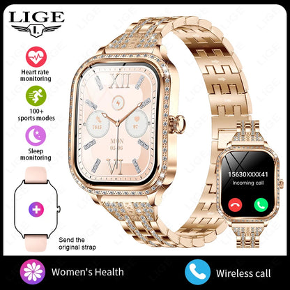LIGE Fashion Design Women Smart Watch 1.75" Curved Screen Smartwatch Bluetooth Call Clock IP68 Waterproof Diamond Case Bracelet
