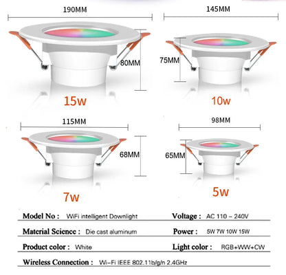 Tuya WiFi ZigBee LED Downlight 5W 7W 10W 15W RGB Smart Ceiling Lamp AC85-265V Dimmable APP Remote Control Smart Life For Bedroom