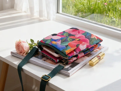 Versatile Print New Oil Painting Series 5-Layer Crossbody Phone Bag Rustic Fabric Women's Handbag Lightweight and Easy-to-Match