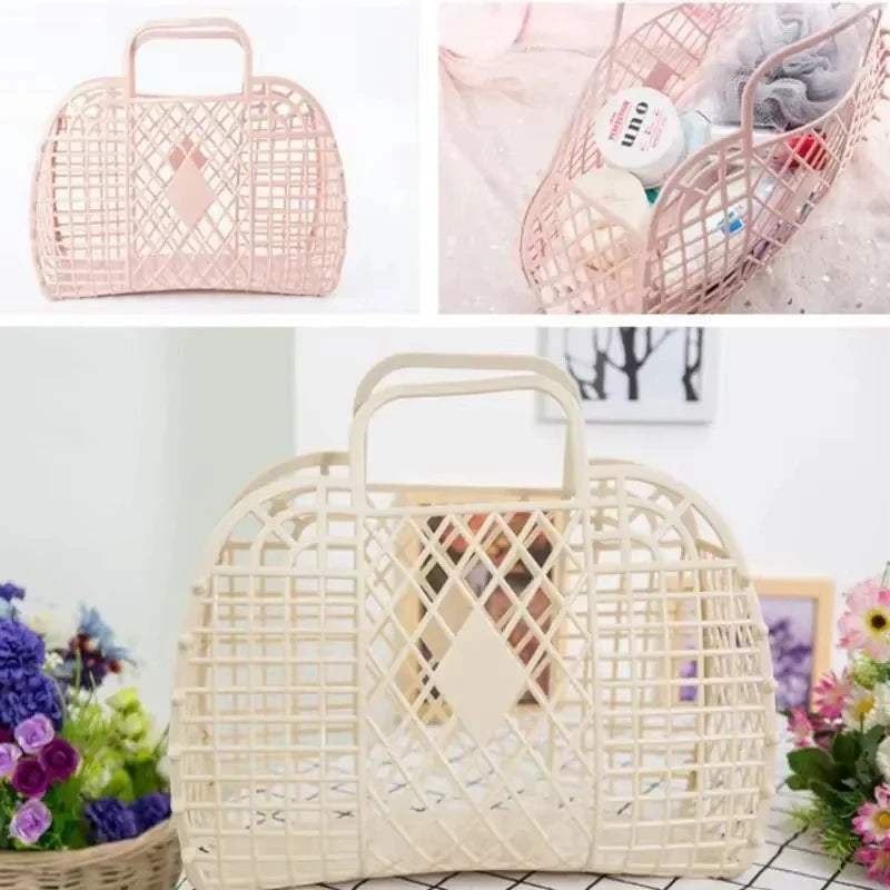 Summer Jelly Bag Portable Vegetable Basket Hollow Jelly Bag Girl Large Capacity Holiday Handbag Jelly Beach Tote Bags Organizer