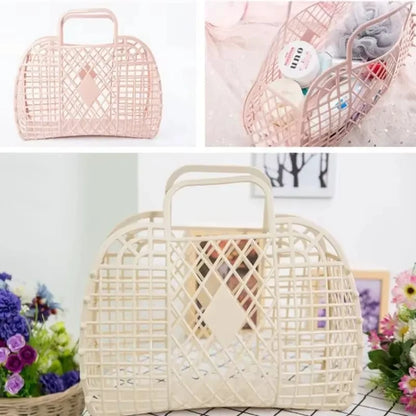 Summer Jelly Bag Portable Vegetable Basket Hollow Jelly Bag Girl Large Capacity Holiday Handbag Jelly Beach Tote Bags Organizer