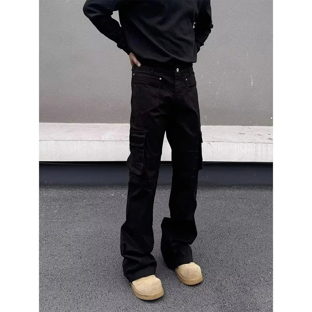 American style Vibe retro heavy industry multi pocket splicing workwear jeans men's straight tube micro flared slim fit long pan