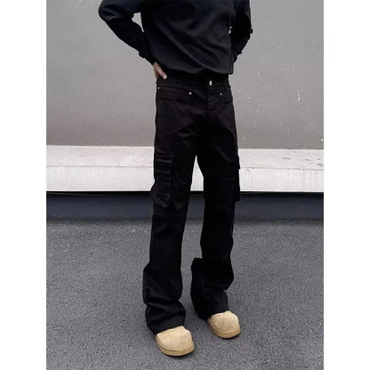 American style Vibe retro heavy industry multi pocket splicing workwear jeans men's straight tube micro flared slim fit long pan