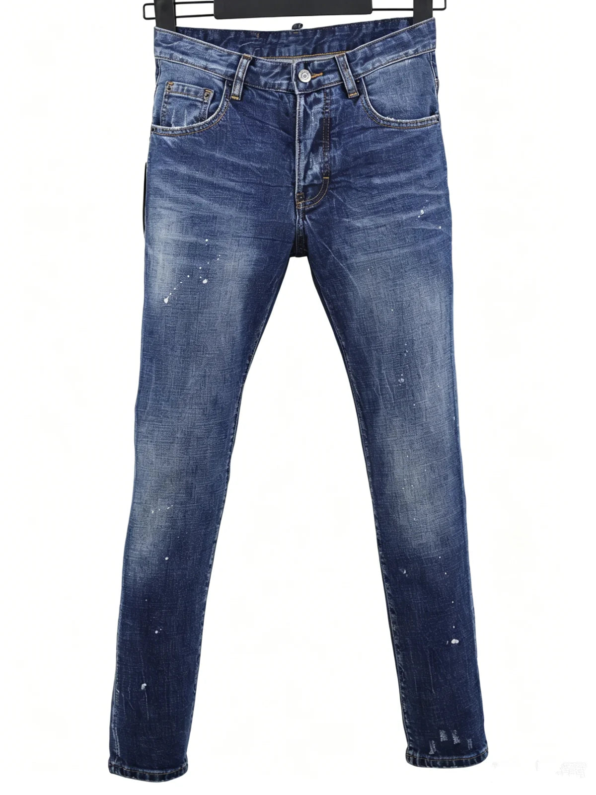6057 Four Seasons New Men's Wear Washed Ripped Patch Paint Slim-fit Feet Blue Jeans for Men