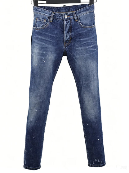 6057 Four Seasons New Men's Wear Washed Ripped Patch Paint Slim-fit Feet Blue Jeans for Men