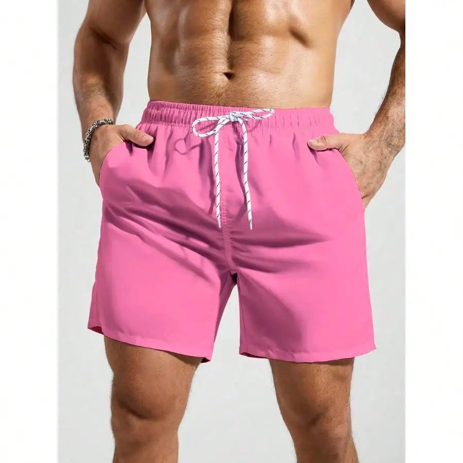 Palasendo Men's Plain Pocketed Drawstring Waist Beach Shorts, Suitable For Summer, Hawaiian, Men Dry Fit Orange Swim Trunks, Men Swim Trunk Matching, Men Beachwear, Plain Swim Trunks