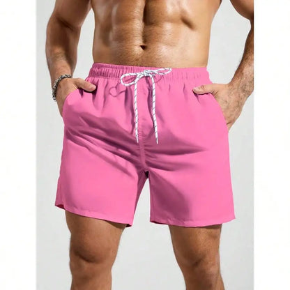 Palasendo Men's Plain Pocketed Drawstring Waist Beach Shorts, Suitable For Summer, Hawaiian, Men Dry Fit Orange Swim Trunks, Men Swim Trunk Matching, Men Beachwear, Plain Swim Trunks