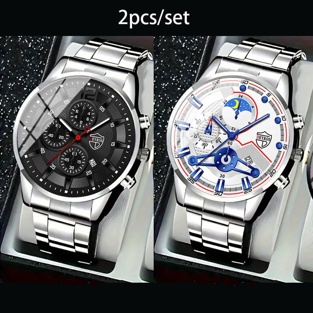 2 PCS/set  Men's Watches Fashion Sports Quartz Alloy Dial Strap Round Dial Quartz Movement Display Date Best Choice for Gift!