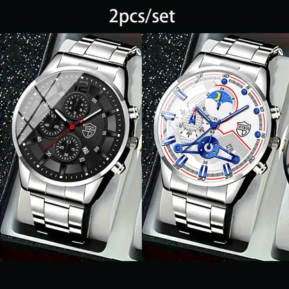 2 PCS/set  Men's Watches Fashion Sports Quartz Alloy Dial Strap Round Dial Quartz Movement Display Date Best Choice for Gift!
