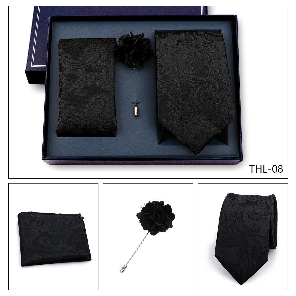 Elegant Ties For Men Classic Paisly Neck Tie Pocket Square Brooch Set With Gift Box Mens Business Wedding Suit Accessories
