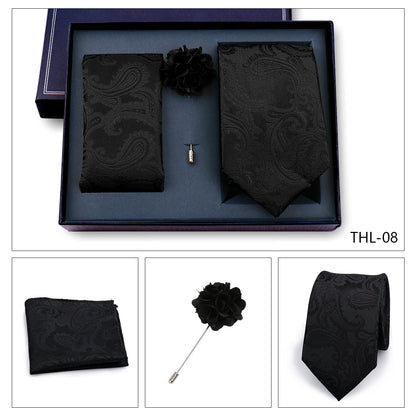 Elegant Ties For Men Classic Paisly Neck Tie Pocket Square Brooch Set With Gift Box Mens Business Wedding Suit Accessories