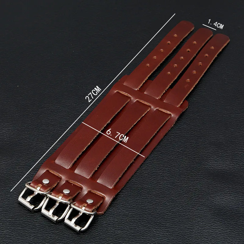KOTik 2024 New Fashion Genuine Leather Wide Cuff Bangles Punk Vintage Three Layers Wide Black Brown Men Jewelry Bracelets