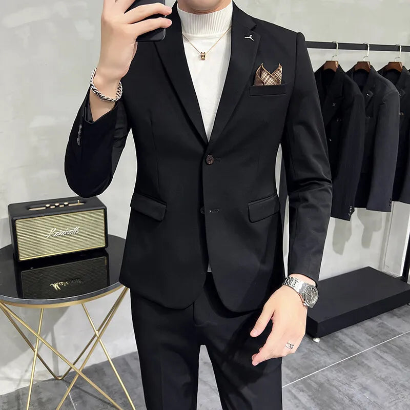High quality Korean slim fit (suit + trousers) Fashion business handsome casual solid color wedding suit two-piece set