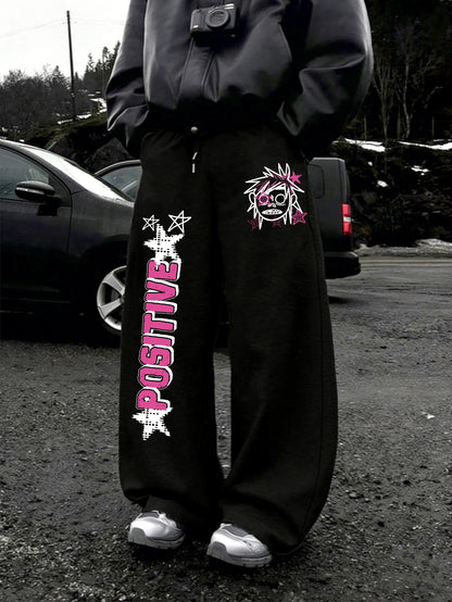 Men Wide Leg Punk Cartoon Sweatpants 100% Polyester Positive Star Dual Side Print Baggy Y2K Drawstring Jogger Pants