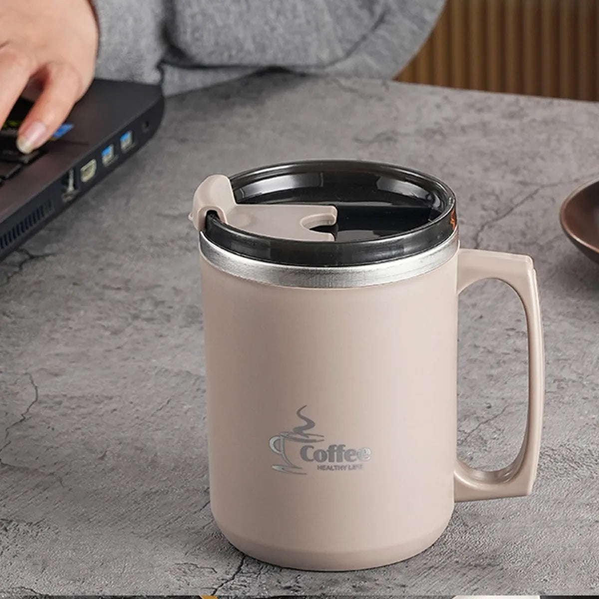 450ML Thermos Mug 304 Stainless Steel Double Wall Insulated Milk Coffee Cup With Handle & Lid Leak-proof Drinking Cup Drinkware