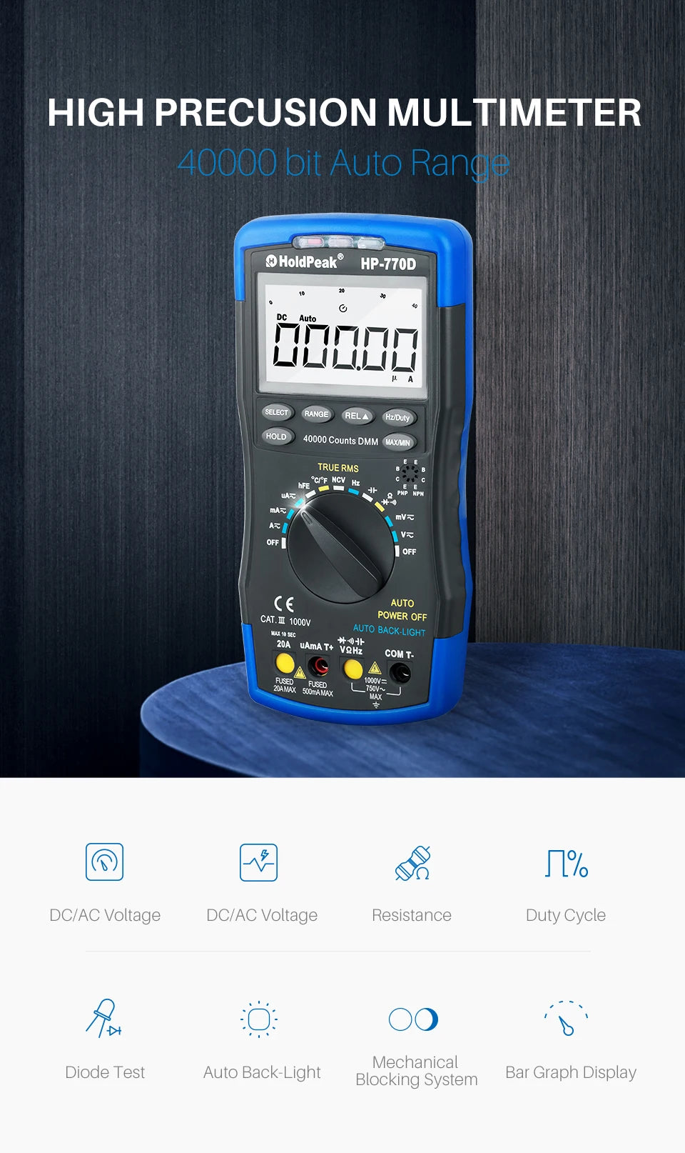 Multimetr cyfrowy HP-770D True RMS 40000 zliczeń z automatycznym wyborem zakresu i funkcją NCV, tester napięcia i prądu z testem temperatury