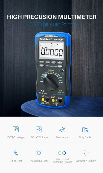 Multimetr cyfrowy HP-770D True RMS 40000 zliczeń z automatycznym wyborem zakresu i funkcją NCV, tester napięcia i prądu z testem temperatury