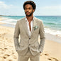 Sky Blue Linen Causal Men Suits for Beach Party Business Two Pieces Wedding Tuxedos Set Notched Lapel Suit Jacket Pants
