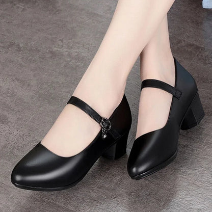 2025 New Women's Medium Heel Pumps - Soft Leather Non-Slip with Adjustable Buckle, Comfortable for Daily & Casual Wear