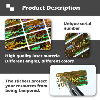 Gold Tamper Proof Hologram Stickers, High Security Labels, Warranty Void Seal, Original, Genuine, 2x1cm
