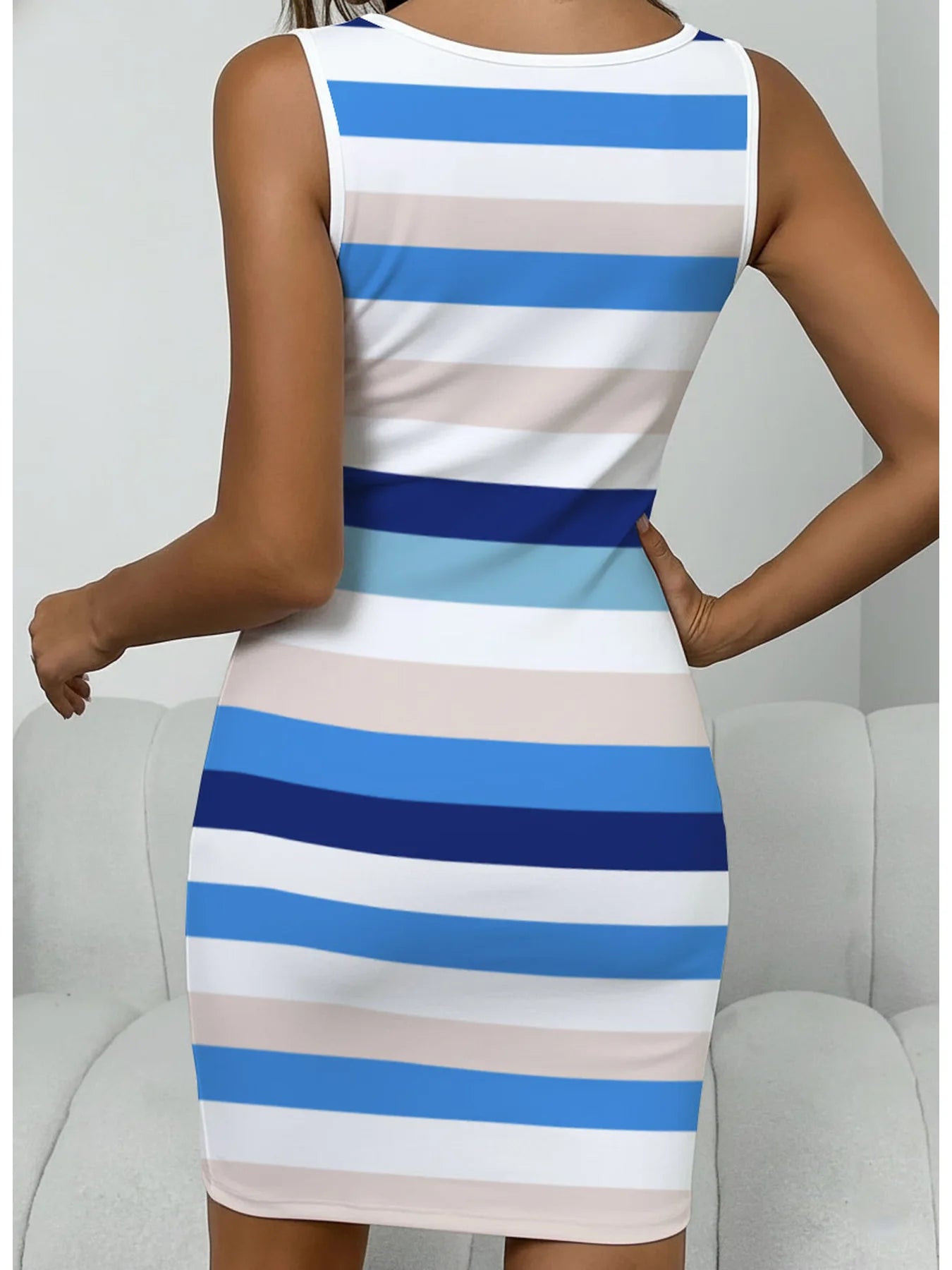 Summer Casual and Fashionable Waist Cinched Square Collar Button Wide Striped Sleeveless Mid Length Dress