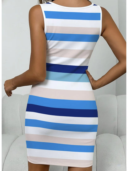 Summer Casual and Fashionable Waist Cinched Square Collar Button Wide Striped Sleeveless Mid Length Dress