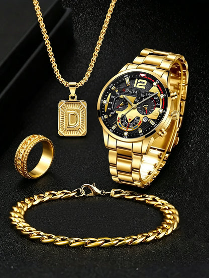 Men's Casual Fashion Quartz Watch Set with Ring Necklace Bracelet Combo Suitable for Daily Wear Perfect Father's Day Gift
