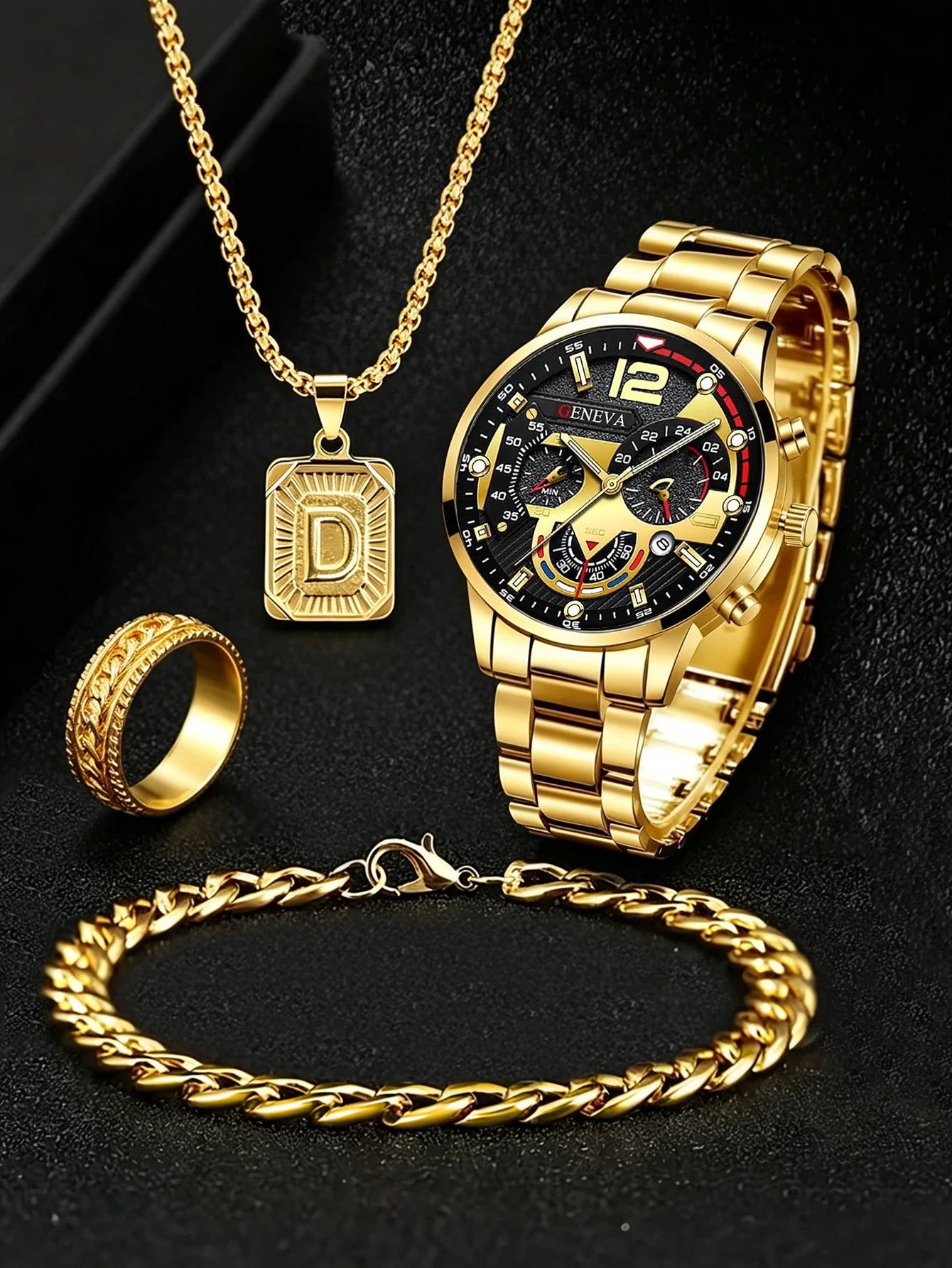 Men's Casual Fashion Quartz Watch Set with Ring Necklace Bracelet Combo Suitable for Daily Wear Perfect Father's Day Gift