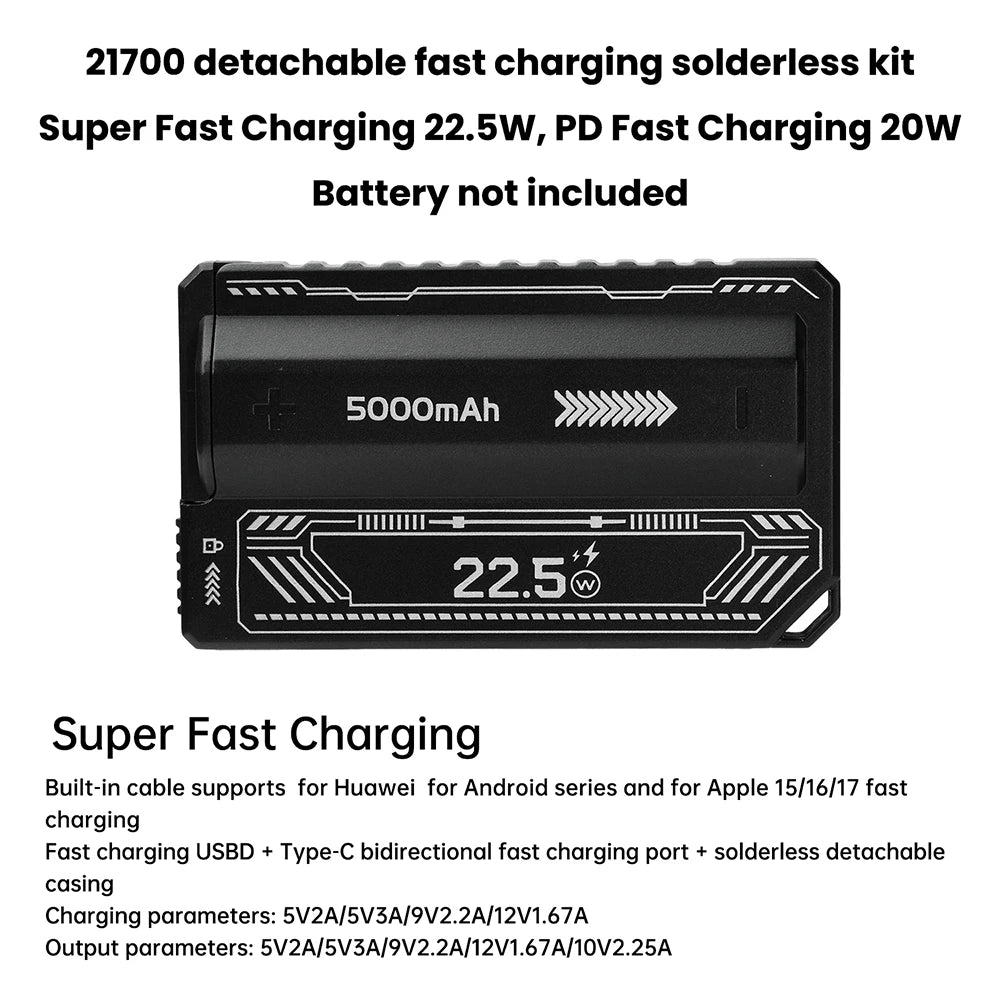 1 Section Welding Free 21700 Mobile Power Case PD 20W Fast Charging Built-In Cable Detachable Power Bank DIY Battery Box