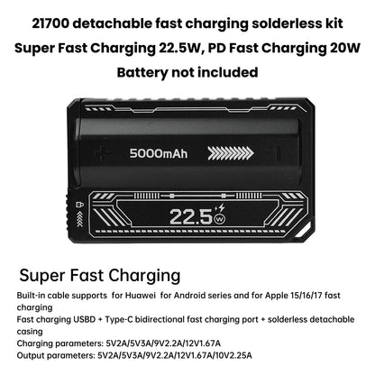 1 Section Welding Free 21700 Mobile Power Case PD 20W Fast Charging Built-In Cable Detachable Power Bank DIY Battery Box