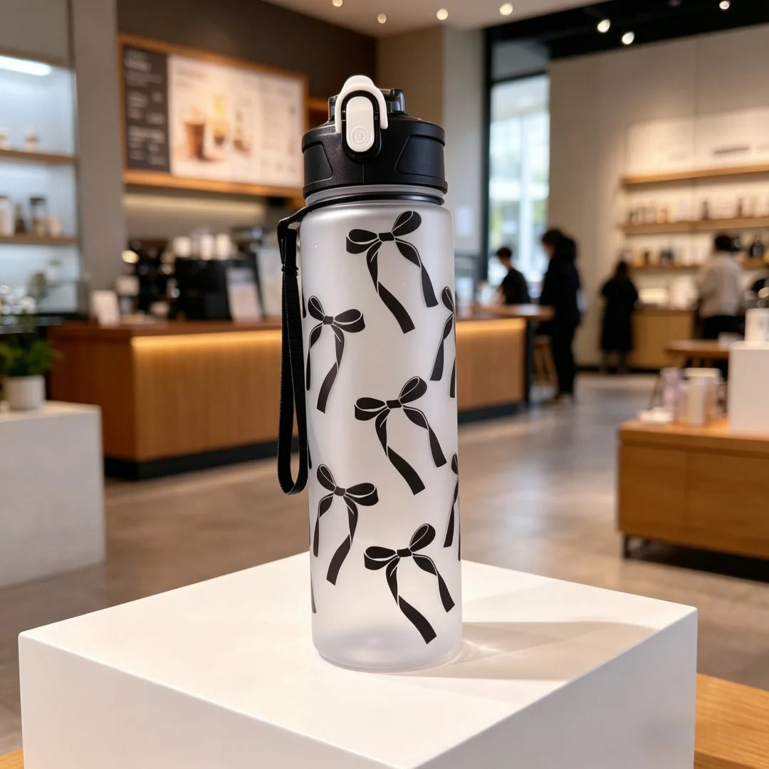Water Bottle with Full Print of Flowers and Bowknot Patterns, Trendy & Stylish, Lightweight with Portable Lanyard, Durable