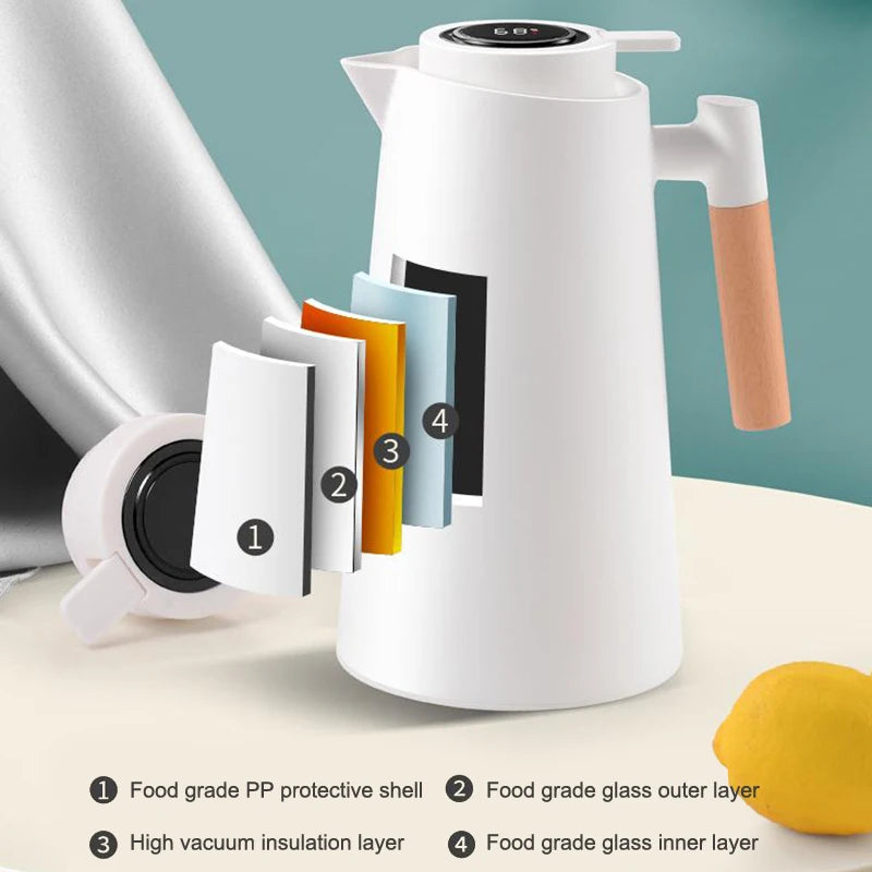 1Pc 1000ML Thermos Bottle Nordic Thermos For Hot Water Intelligent Water Heater Kettle Jug Bottle Vacuum Flask Wooden Handle