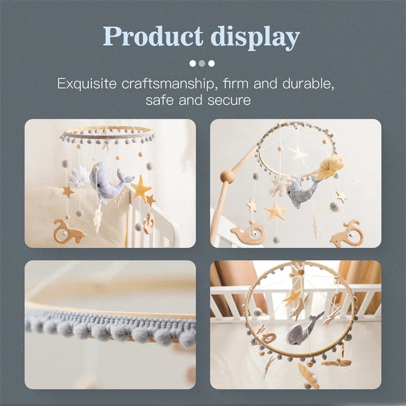 Baby Soft Felt Cartoon Wool Ball Seashell Rattles Hanging Bed Bell Newborn Mobile Crib Wooden Bracket Montessori Education Toys