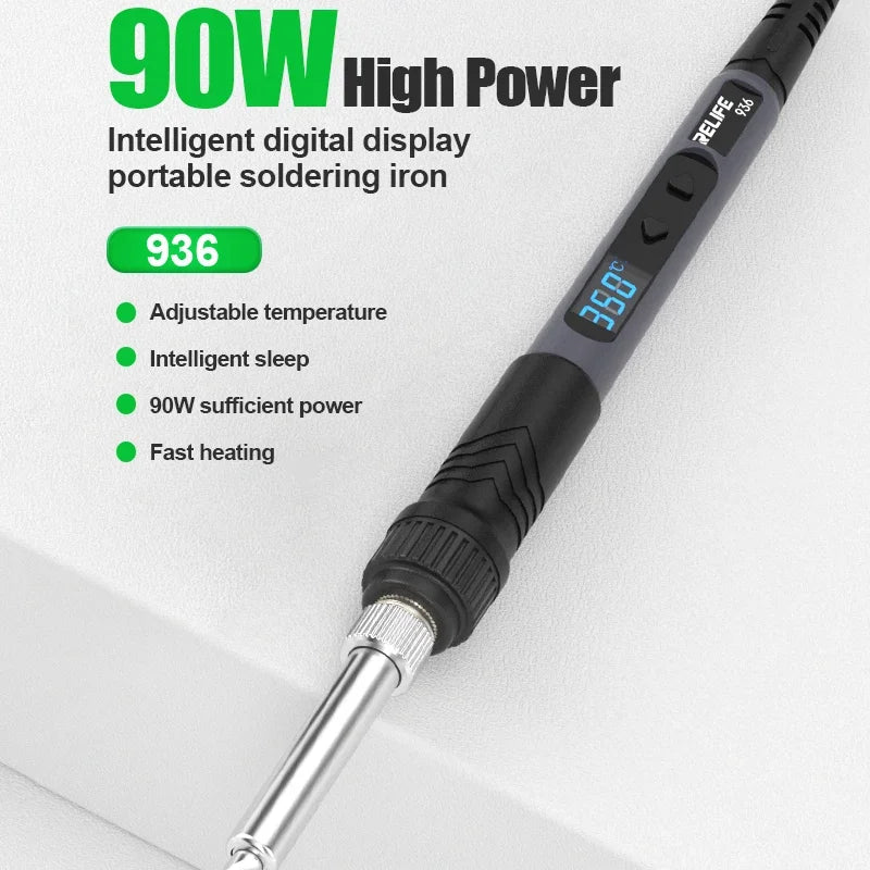 RELIFE 936 90W Intelligent Digital Display Portable Soldering Iron 120~550℃ Adjustable Supports 900M Series Soldering Iron Tips