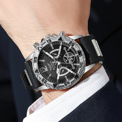 4PCS/Set Fashion Silicone Strap Men Quartz Wristwatch Male Arabic Dial Watch With Jewelry Set Reloj Hombre (Without Box)