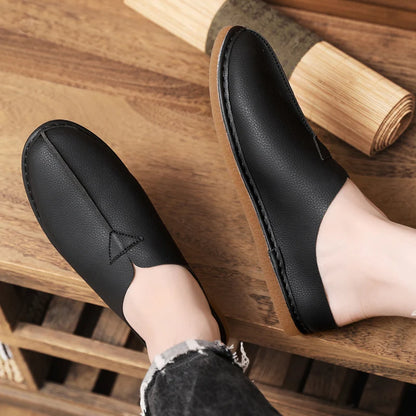 Fashion Leather Men Casual Shoes Slip on Man Loafers Breathable Soft Half Slippers Summer Flats Lightweight Lazy Driving Shoes