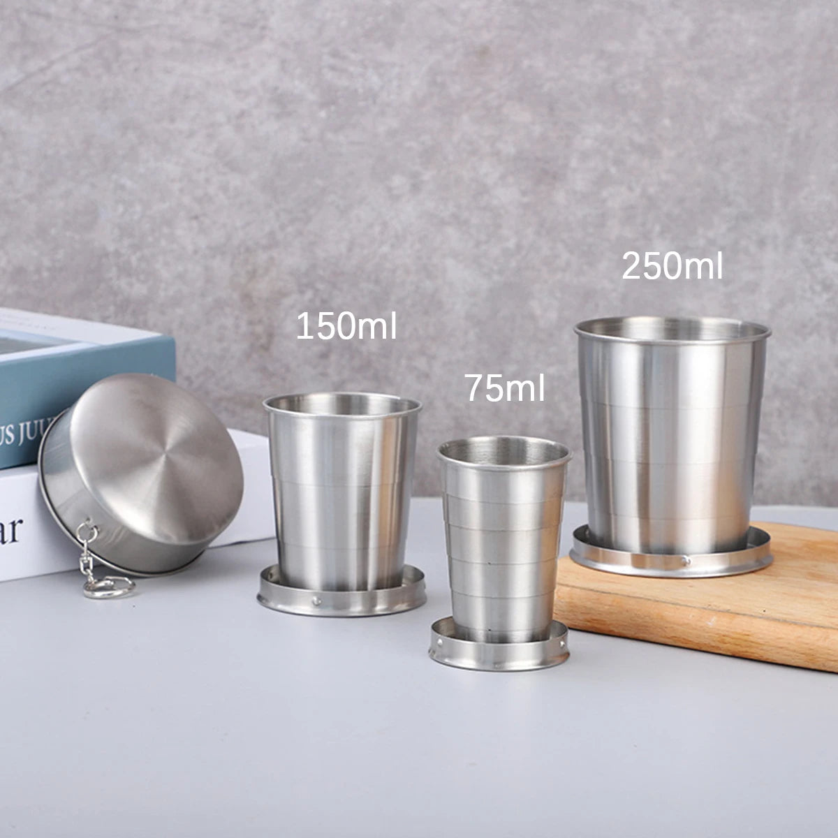 Stainless Steel Folding Cup Portable Water Drinking Cup Retractable Telescopic Collapsible Cups For Outdoor Travel With Keychain