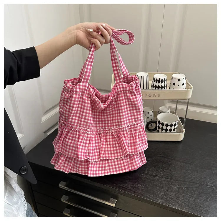 Cute Plaid Cotton Tote Bag Large Capaci Lace Trim Women's Summer 2026 Simple Lady Handbag Soft Shoulder Bags Bolsa Feminina