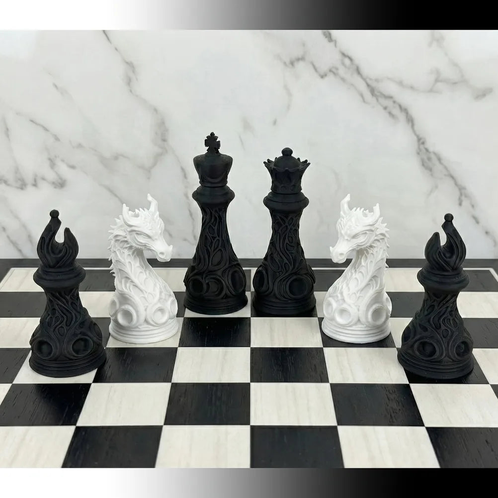 32pcs Gothic Dragon Chess Pieces Set Black White 3D Printed Hollow Design Tabletop Ornament Gift for Chess Lovers
