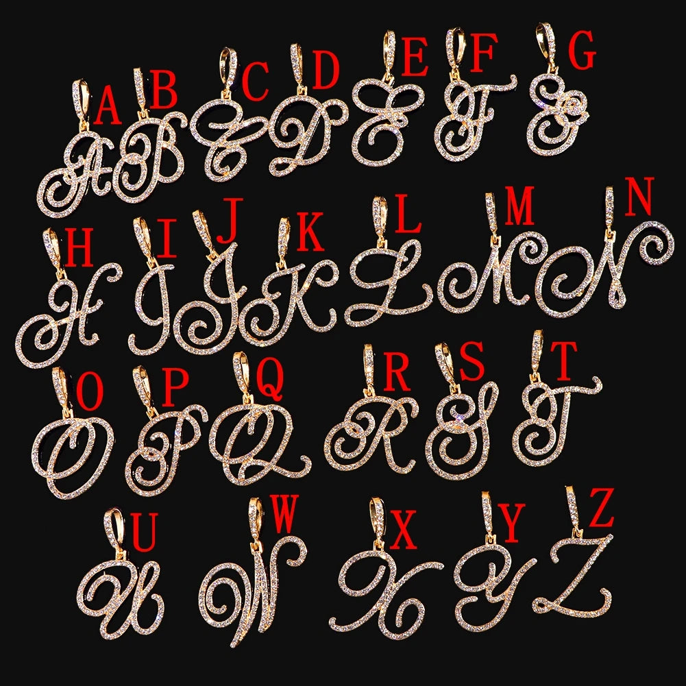 Fashion 26 Cursive Initial Letter Zircon Pendant Necklace For Women Shiny Crystal Alphabet Rope Chain Necklace Hip Hop Jewelry