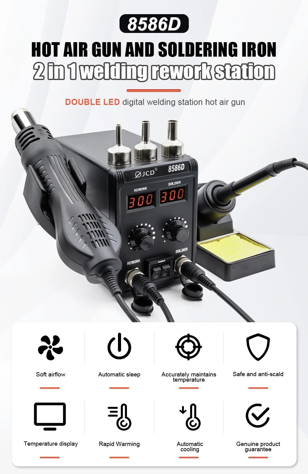 JCD 750W 8586D Soldering Station 2 IN 1 Hot Air Gun LCD Dual Digital Display Electric Soldering Iron SMD Welding Rework Station