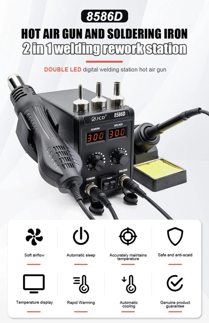 JCD 750W 8586D Soldering Station 2 IN 1 Hot Air Gun LCD Dual Digital Display Electric Soldering Iron SMD Welding Rework Station