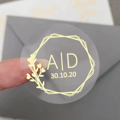 50pcs Custom Transparent Wedding Stickers, Square Transparent Stickers, Personalized Wedding Stickers with Gold Foil Labels