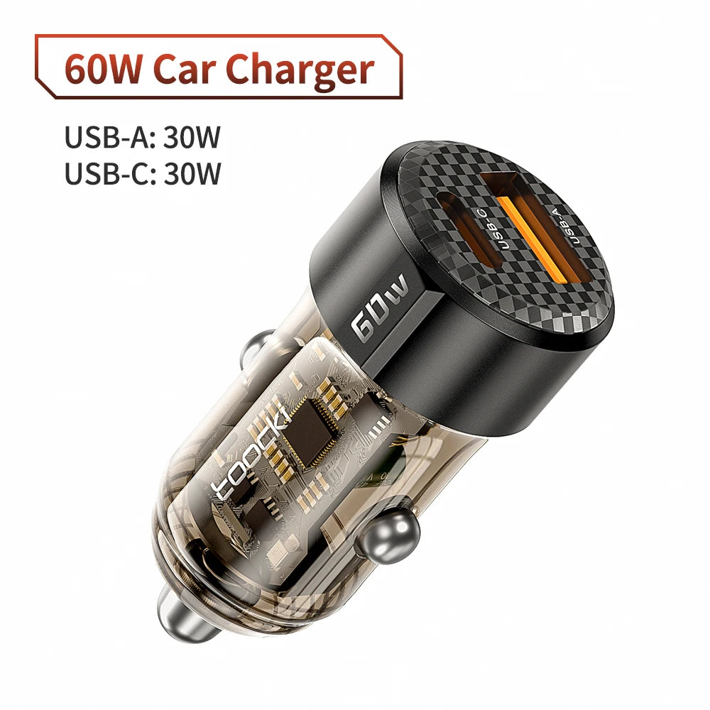Toocki Transparent USB Type C Car Charger PD QC 3.0 Fast Charging 60W USB C Car Mobile Phone Charger Adapter For iphone Android