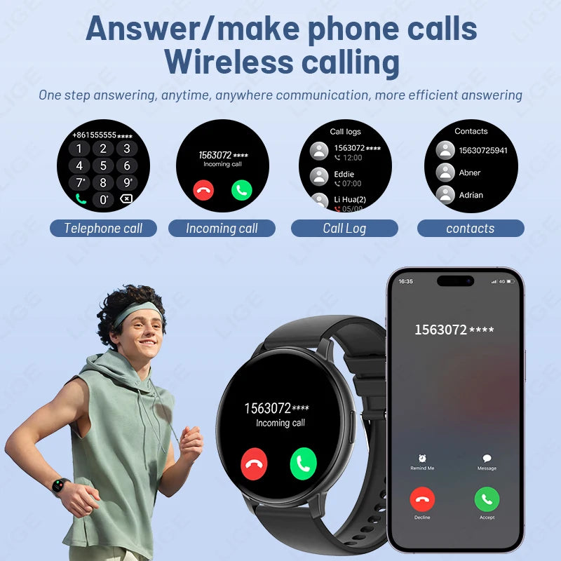 LIGE New Smart Watch Men Bluetooth Call Heart Rate Blood Oxygen Monitoring IP67 Waterproof Sports Men Smartwatch for Android ios