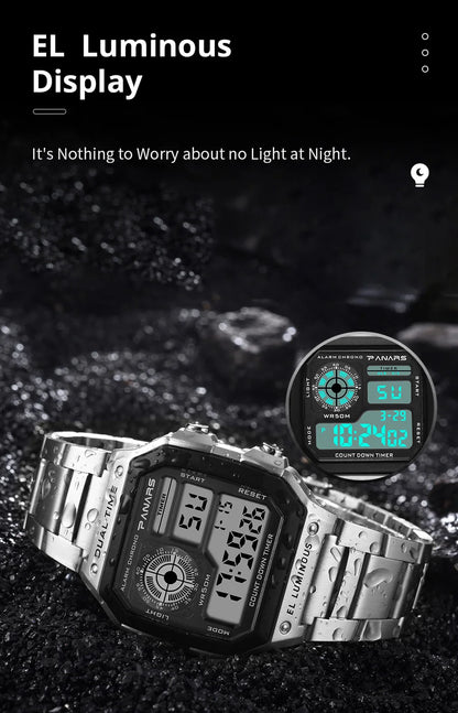PANARS Top Luxury Stainless Steel Strap Sport Watches Mens Waterproof Back Light Digital Wristwatch Male Alarm
